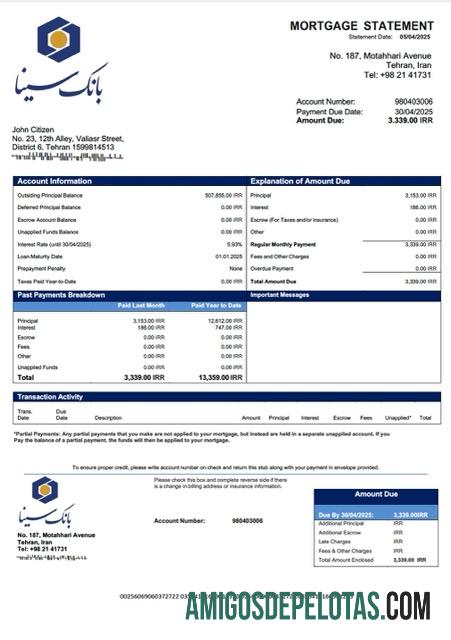 realista Modelo Word e PDF de declaração de hipoteca do Banco Iran Sina